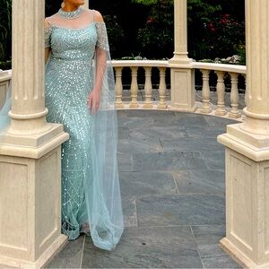 Emerald green long gown with rhinestone, sequins and beads